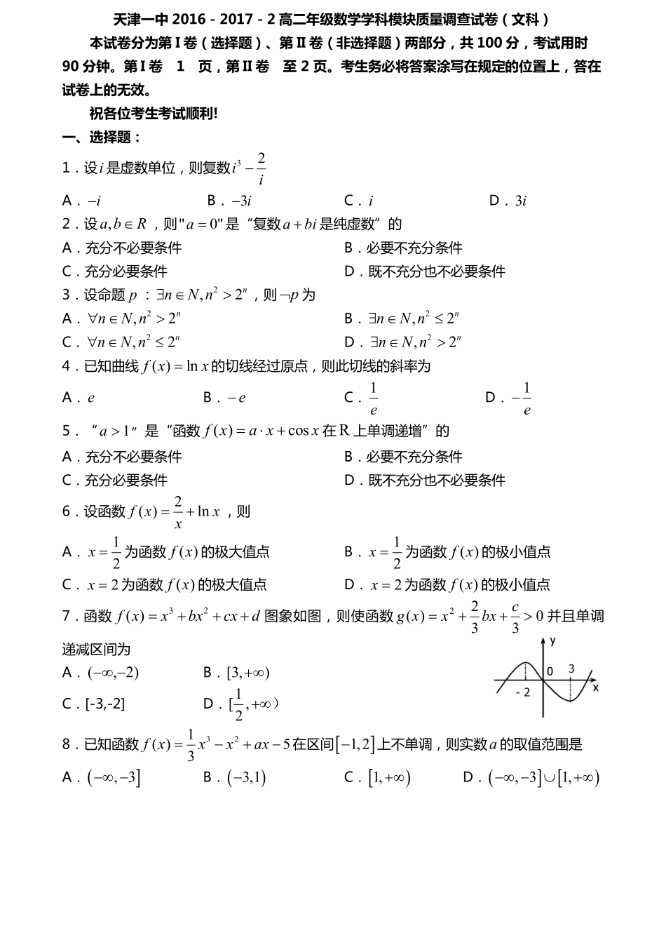 天津市 高二数学下学期期中试卷 文(PDF)试卷_第1页
