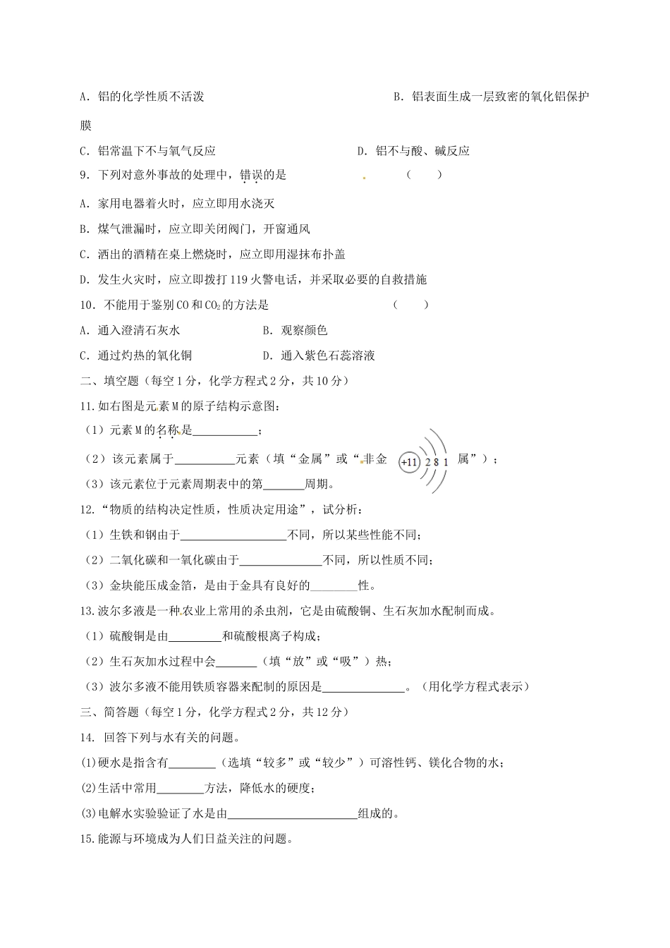 吉林省吉林市届九年级化学上学期期末考试试卷 新人教版试卷_第2页