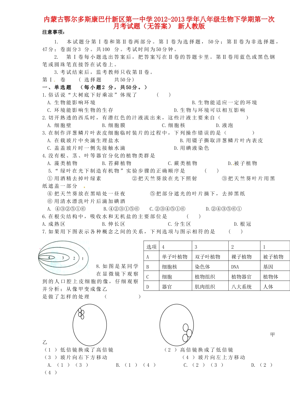 内蒙古鄂尔多斯康巴什新区八年级生物下学期第一次月考试题(无答案) 新人教版 试题_第1页