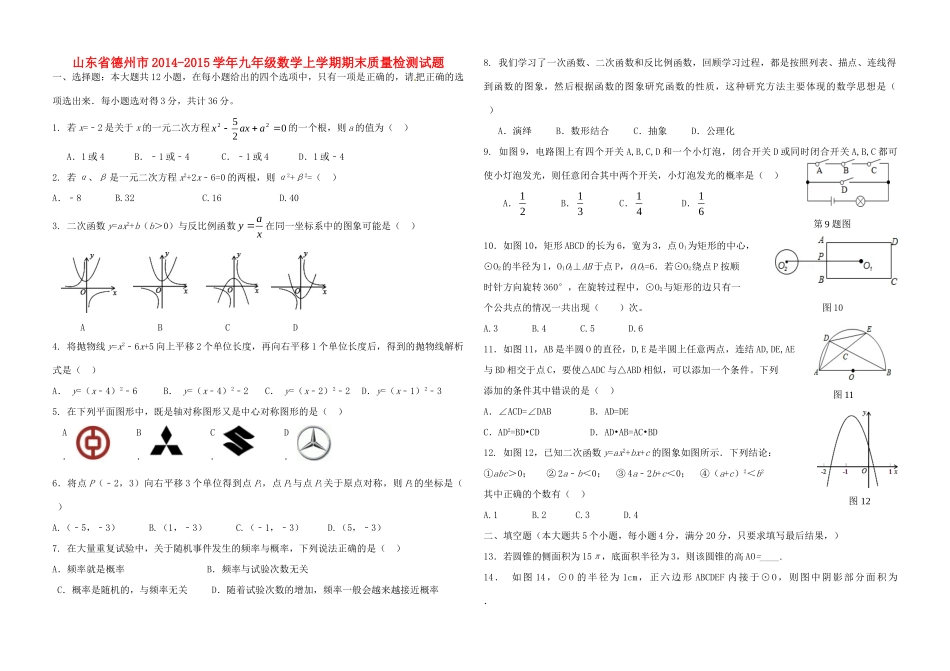 山东省德州市九年级数学上学期期末质量检测试卷 新人教版试卷_第1页
