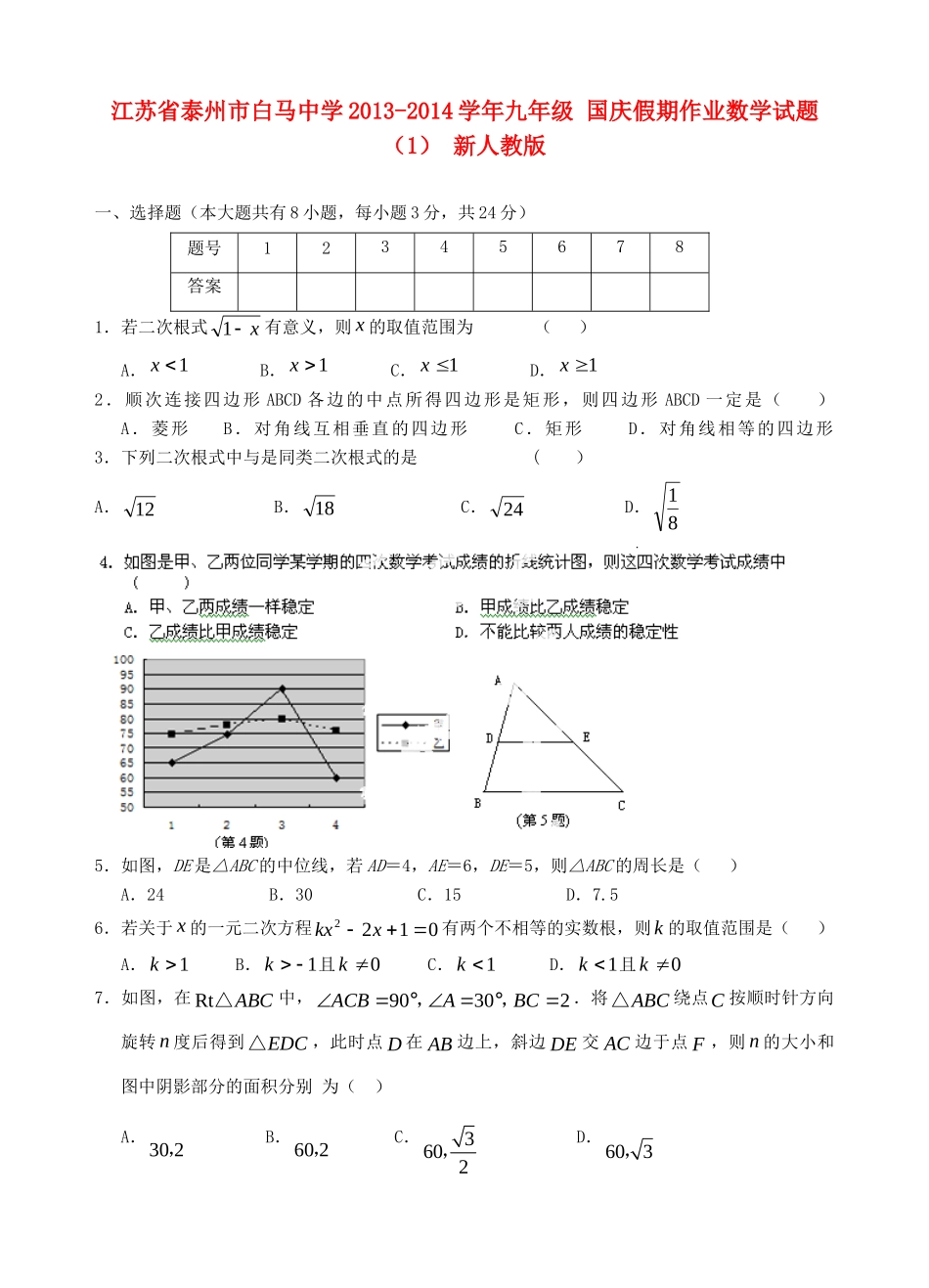 九年级数学 国庆假期作业试卷(1) 新人教版试卷_第1页