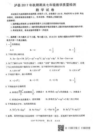 四川省泸州泸县七年级数学上学期期末考试试卷(pdf)新人教版试卷
