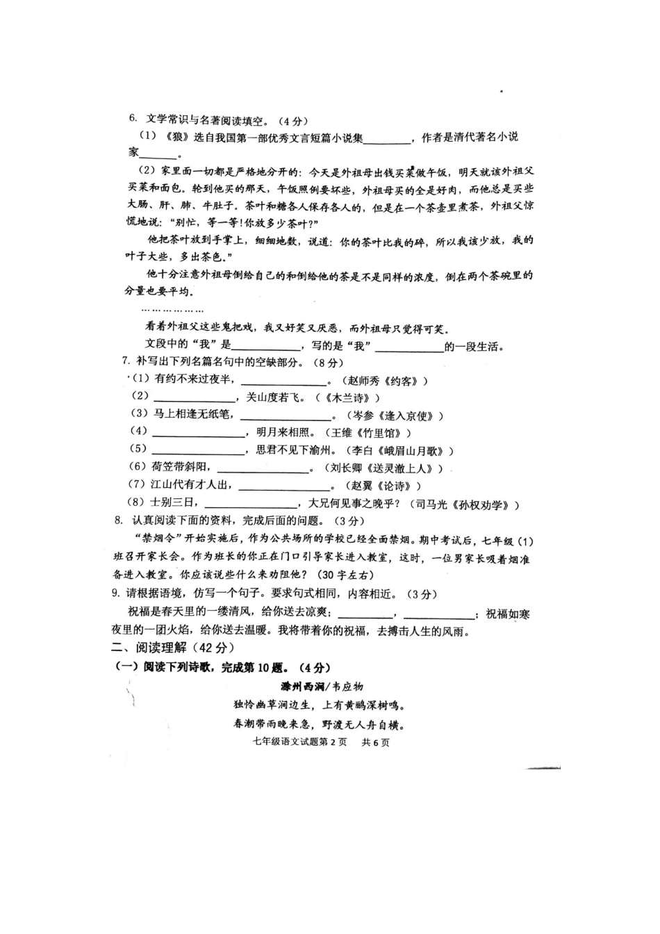 山东省临沂市河东区七年级语文下学期期末考试试卷(扫描版，无答案) 新人教版试卷_第2页