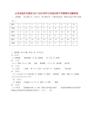 山东省临沂市费县七年级生物下学期期中试卷答案 新人教版 山东省临沂市费县七年级生物下学期期中试卷(pdf) 新人教版
