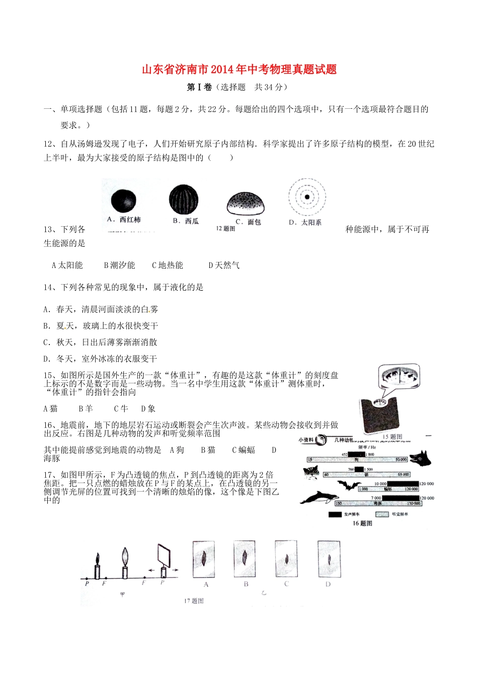 山东省济南市中考物理真题试卷(含答案)试卷_第1页