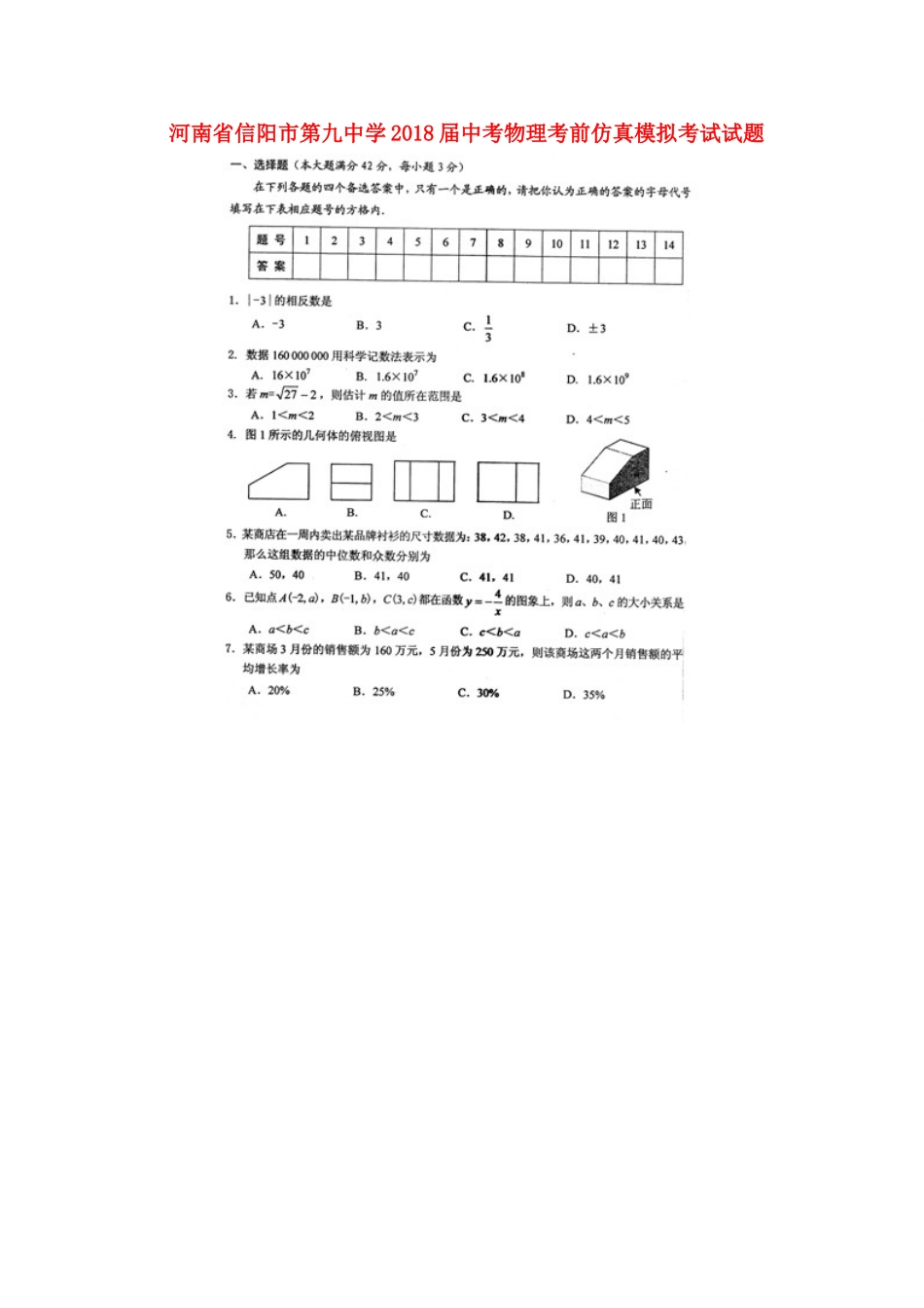 中考物理考前仿真模拟考试试卷_第1页