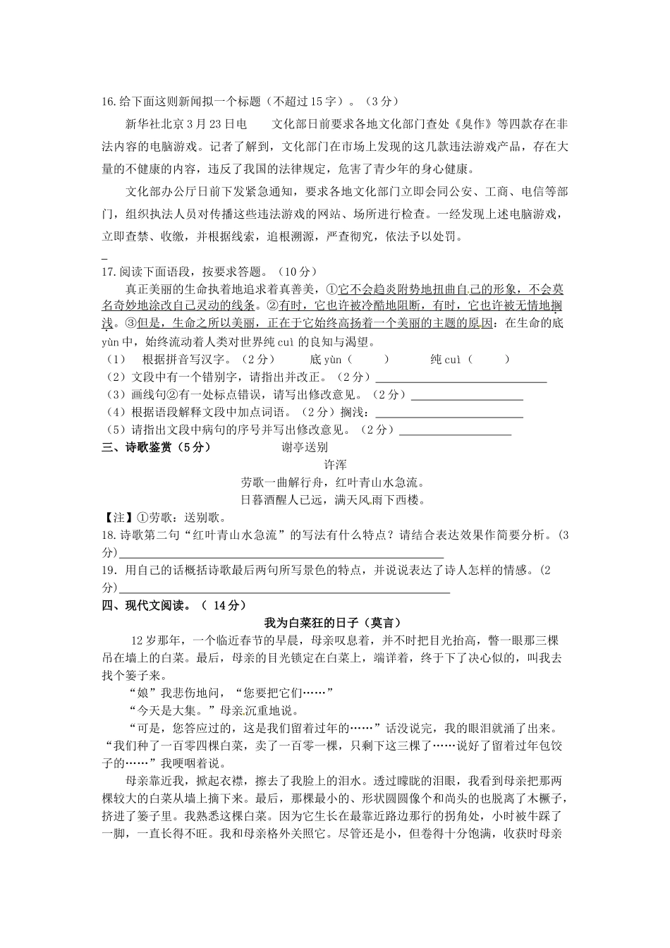 四川省巴中龙泉外国语学校八年级语文上学期期中试卷 新人教版试卷_第3页