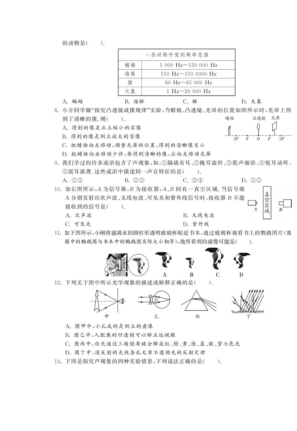 九年级物理 专题整合复习卷一 声光部分(pdf) 新人教版试卷_第2页