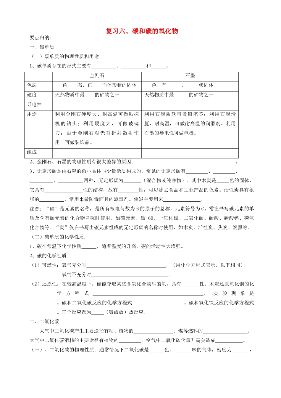 九年级上册 第六单元 碳和碳的氧化物 人教新课标版试卷_第1页