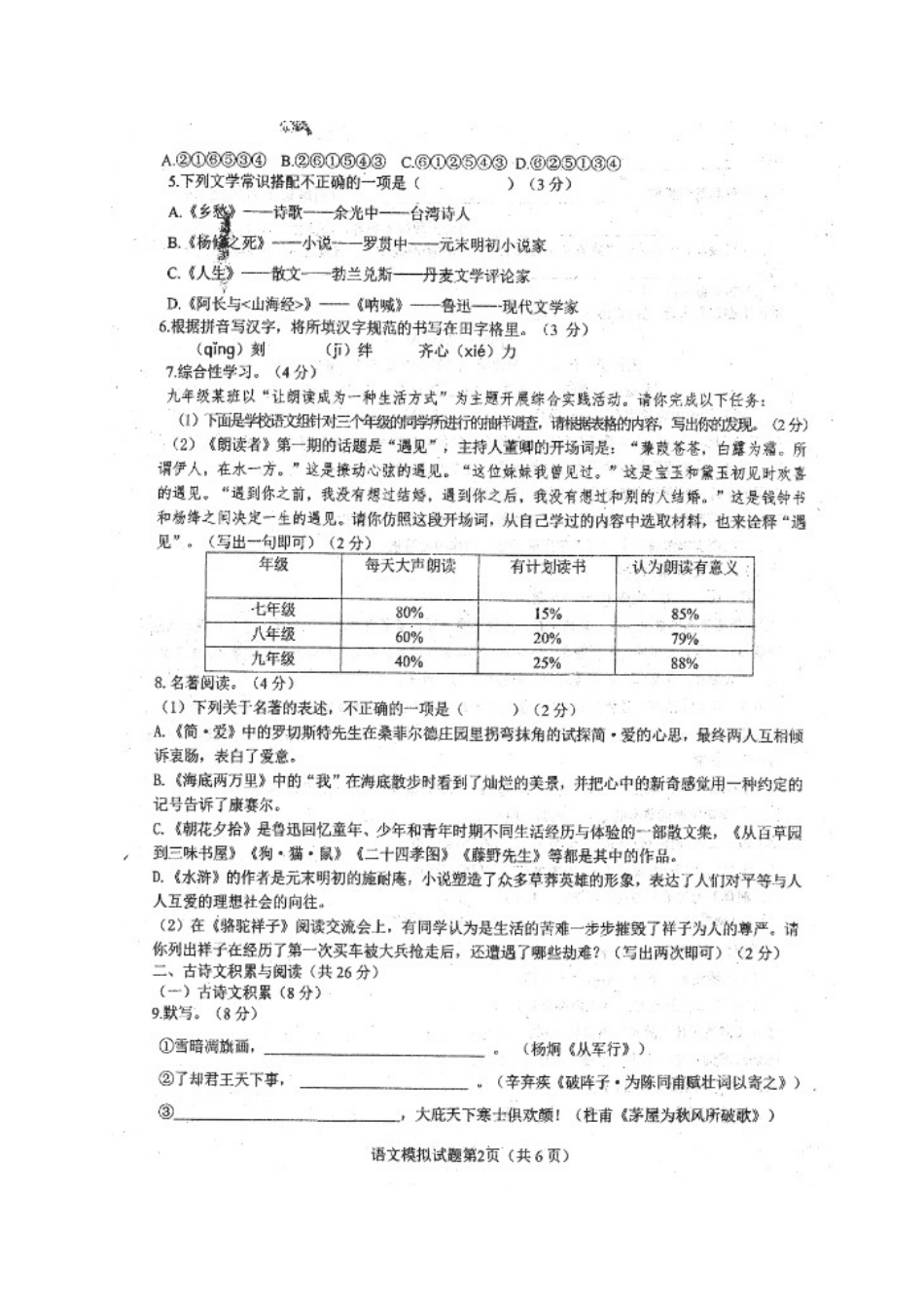 中考语文模拟试卷(扫描版，无答案)试卷_第2页