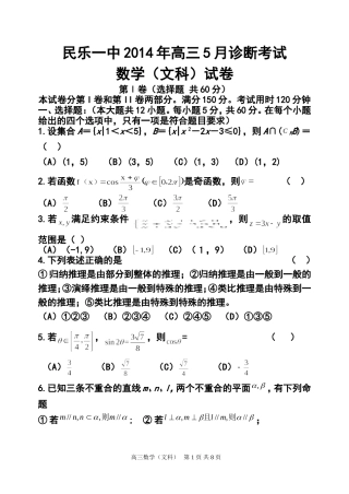 2014届甘肃省张掖市民乐一中高三5月诊断考试文科数学试题及答案