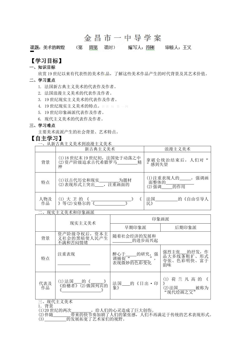 高中历史必修三导学案及答案全册必修三《美术的辉煌》导学案_第1页