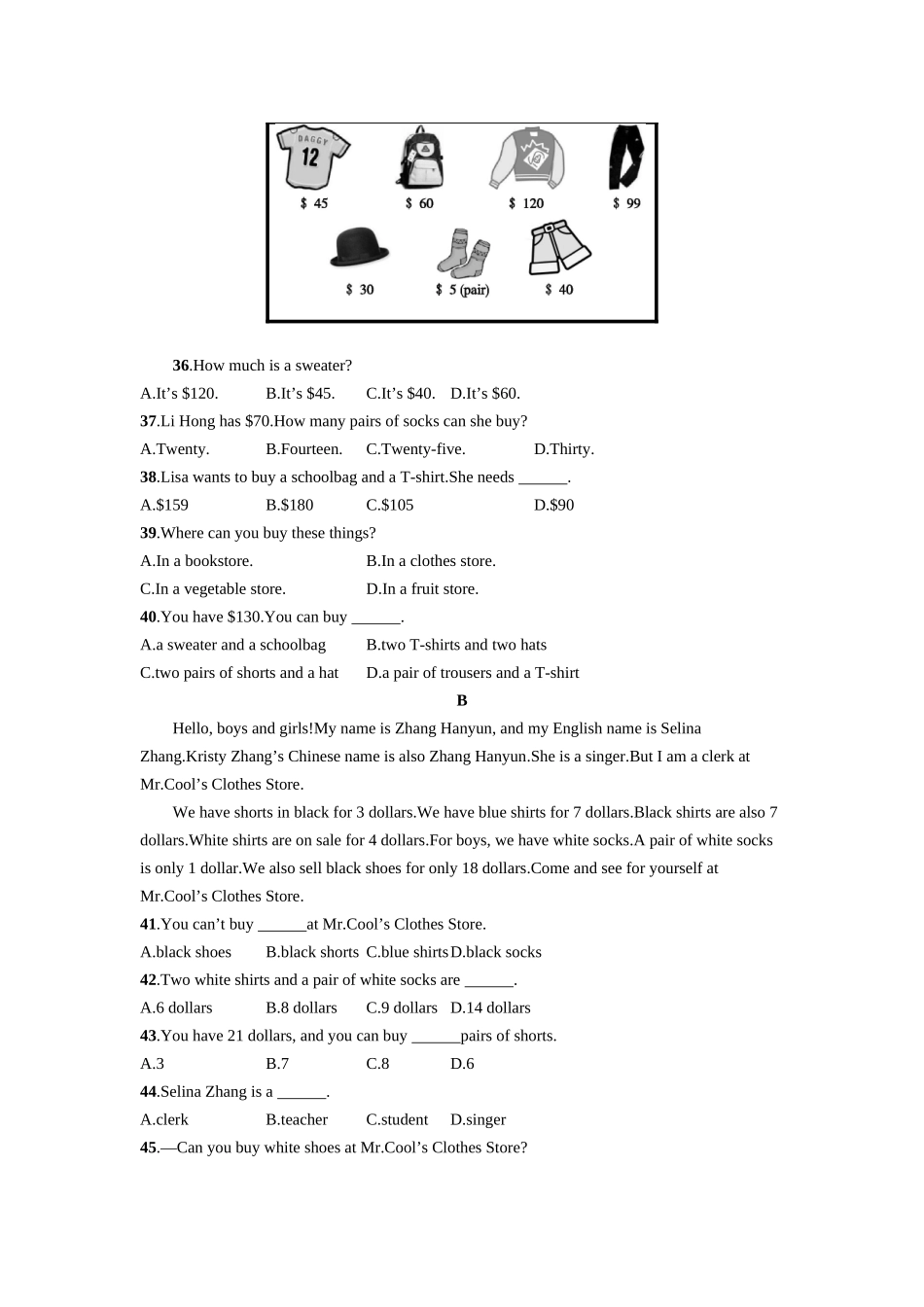 2016-2017年人教版七年级英语上册unit7课时练习题及答案Unit 7综合测评_第3页