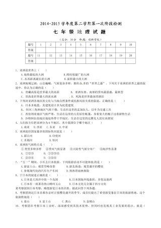 东台市2014-2015年第二学期七年级地理第一次月考试题及答案