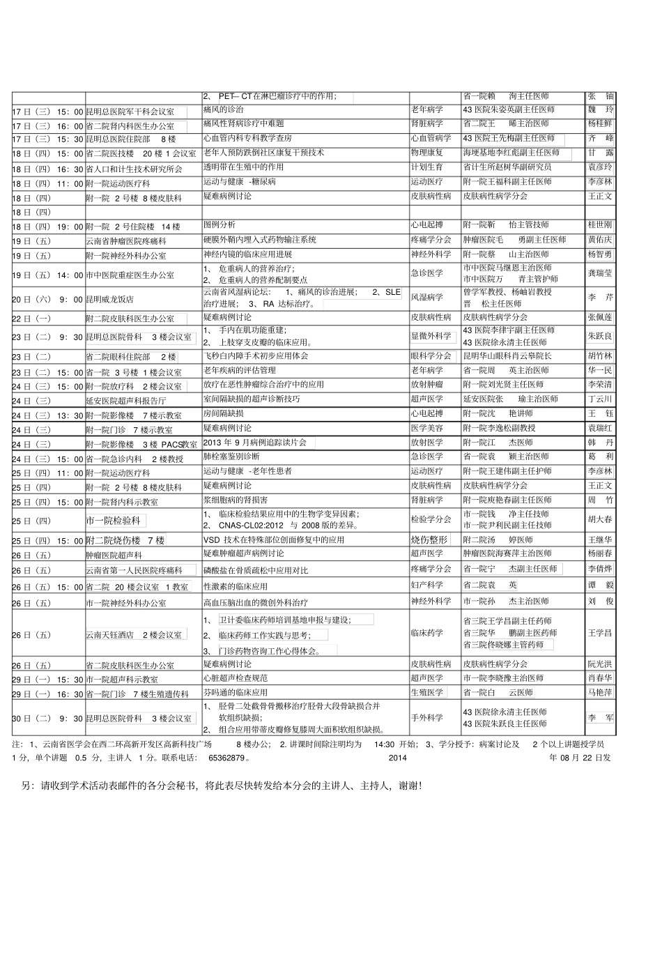 云南医学会2014届09月份日常学术讲座安排表_第2页