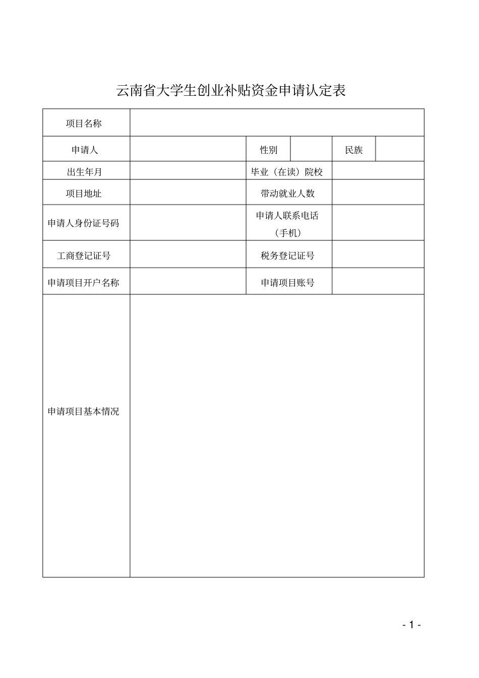 云南大学生创业补贴资金申请认定表_第1页
