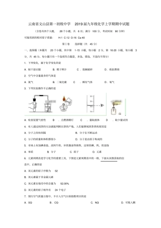 云南文山第一初级中学2019届九年级化学上学期期中试题无答案