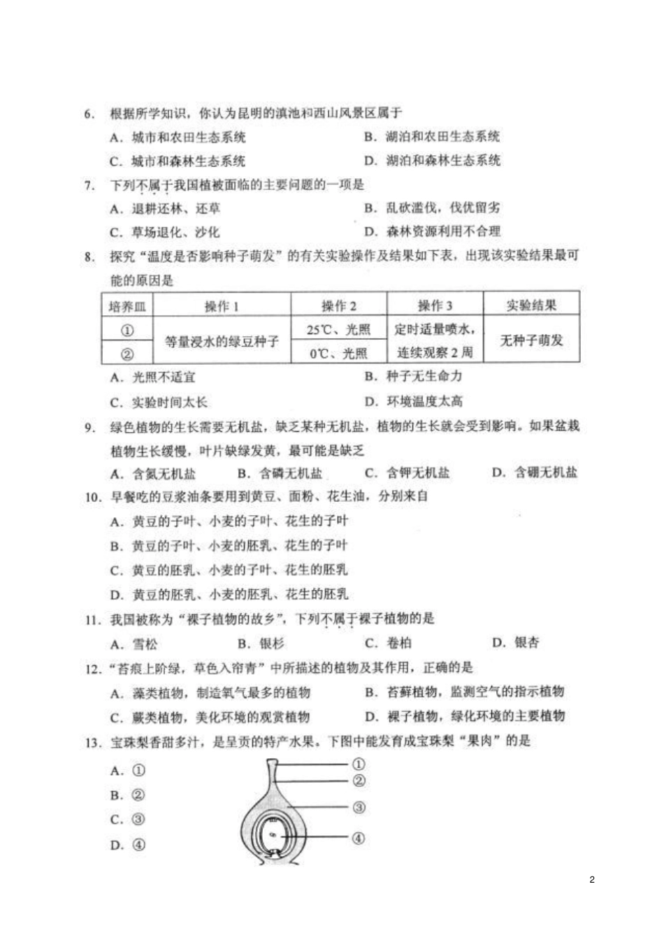 云南昆明官渡区2016年初中生物学业水平考试第一次模拟试题扫描版_第2页