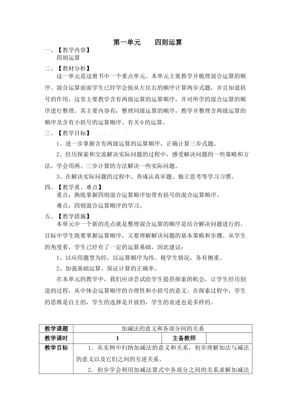 2015春人教版四年级下册数学电子教案全册表格式_第1页
