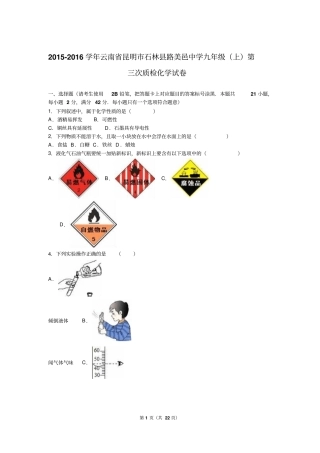 云南昆明石林路美邑中学2016届九年级上第三次质检化学试卷版资料