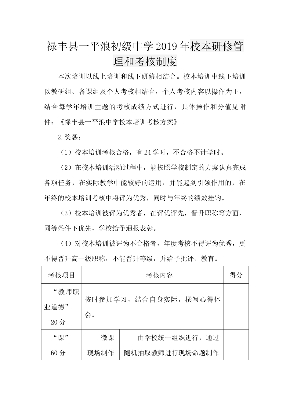 禄丰县一平浪初级中学2019年校本培训考核方案_第1页
