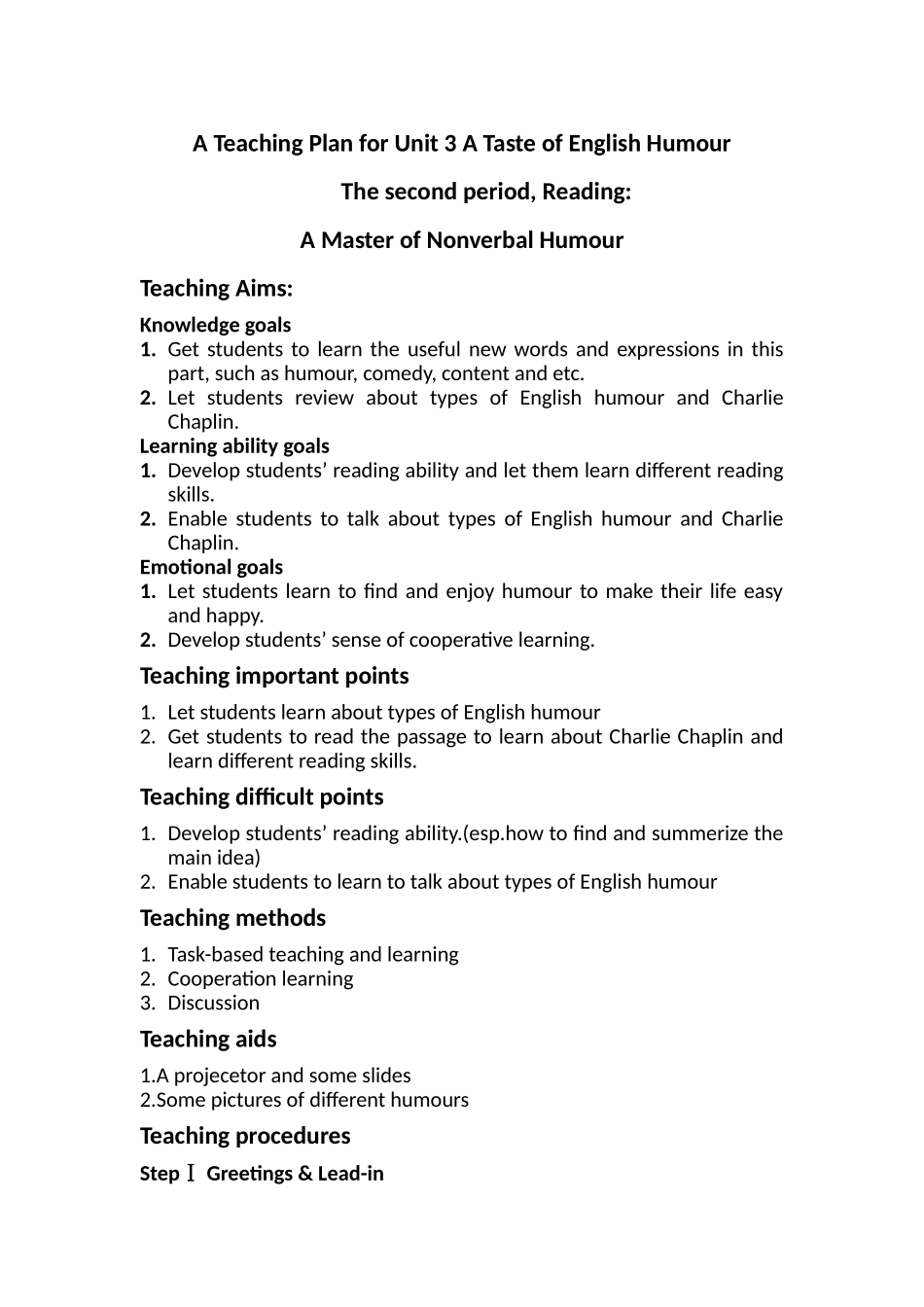 ateachingplanforunit3atasteofenglishhumour_第1页