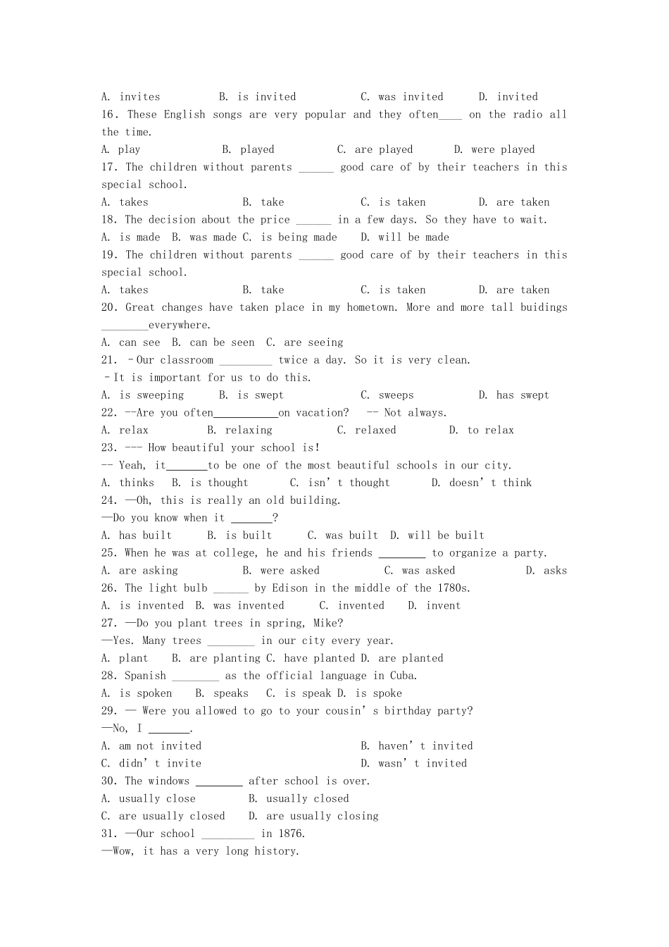 2015年中考英语专项复习题7（动词语态 副词 冠词 介词)2015中考英语专项复习动词语态_第2页