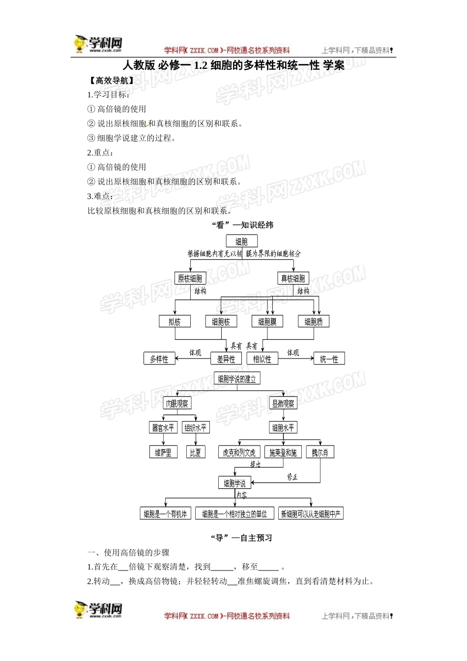 人教版必修一1.2细胞的多样性和统一性导学案_第1页