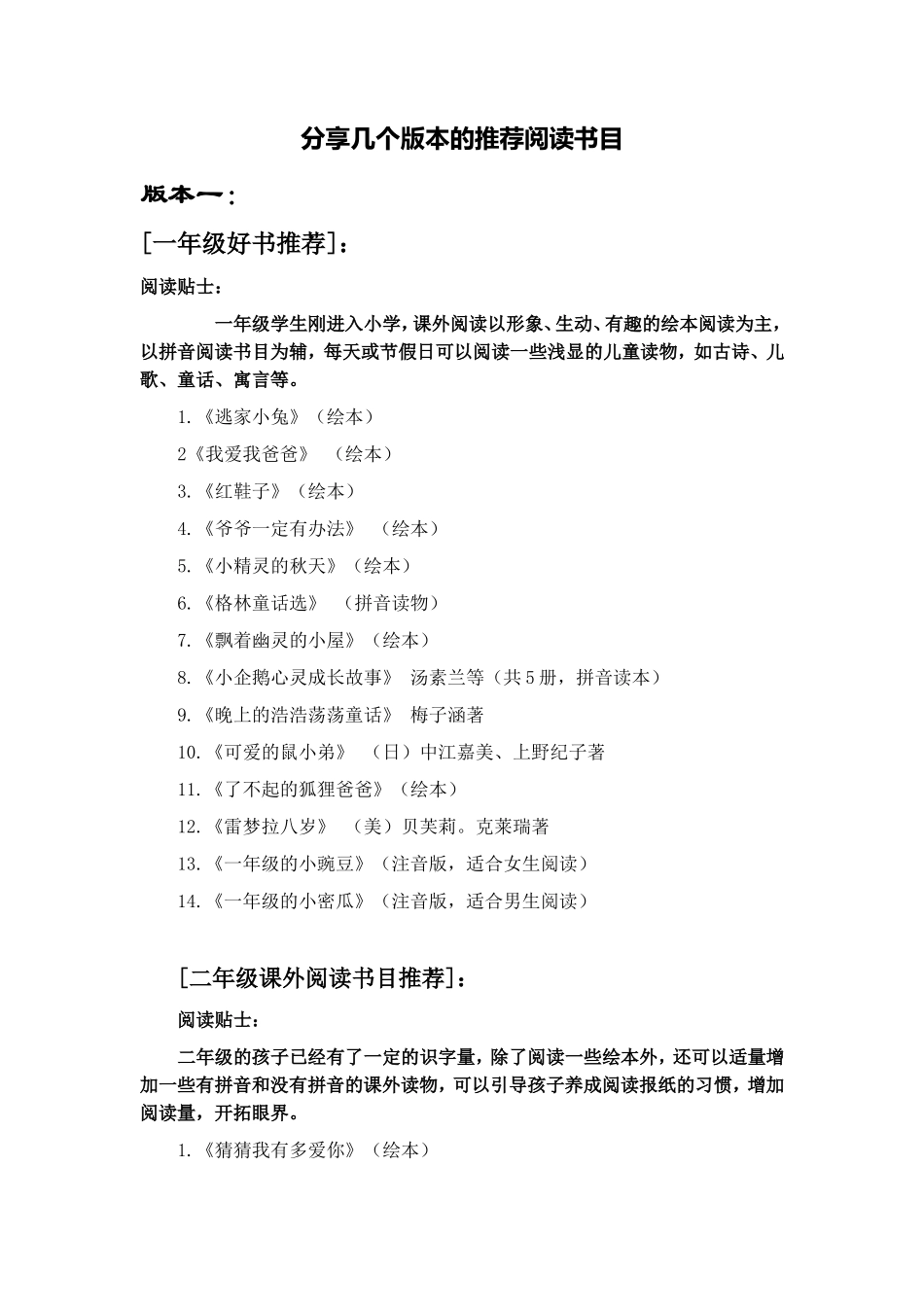 分享几个版本的推荐阅读书目_第1页