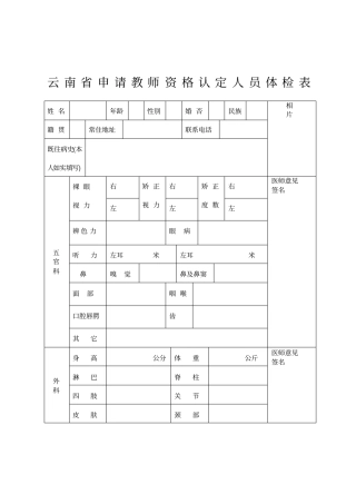 云南申请教师资格认定人员体检表