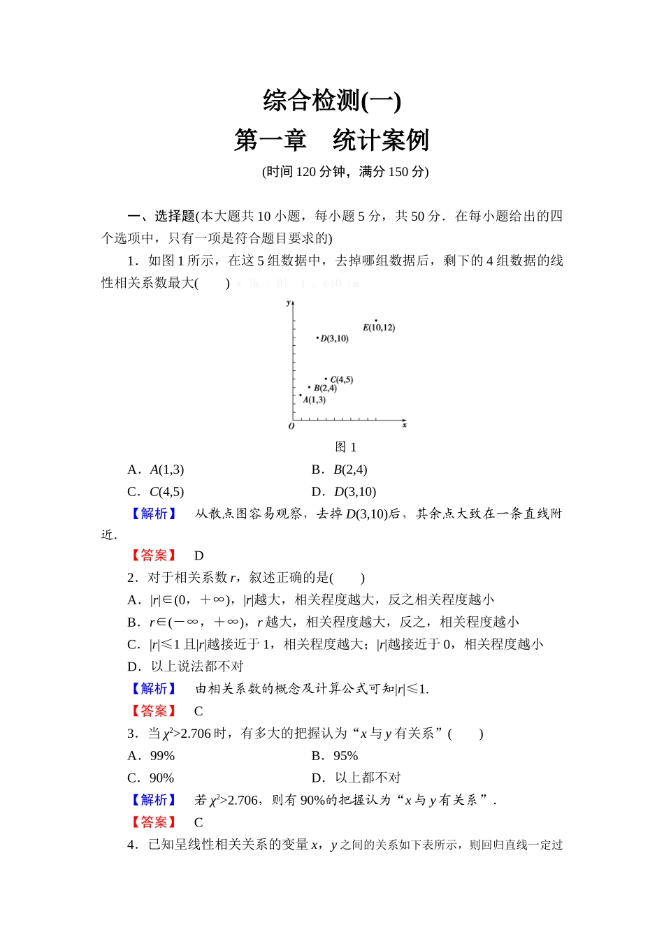 2013北师大版数学选修1-2第一章-统计案例综合检测题及答案解析_第1页