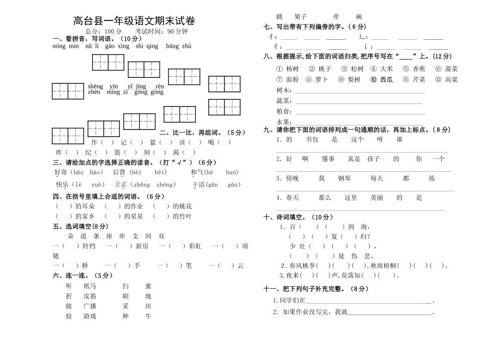 高台县一年级语文下册期末试卷_第1页