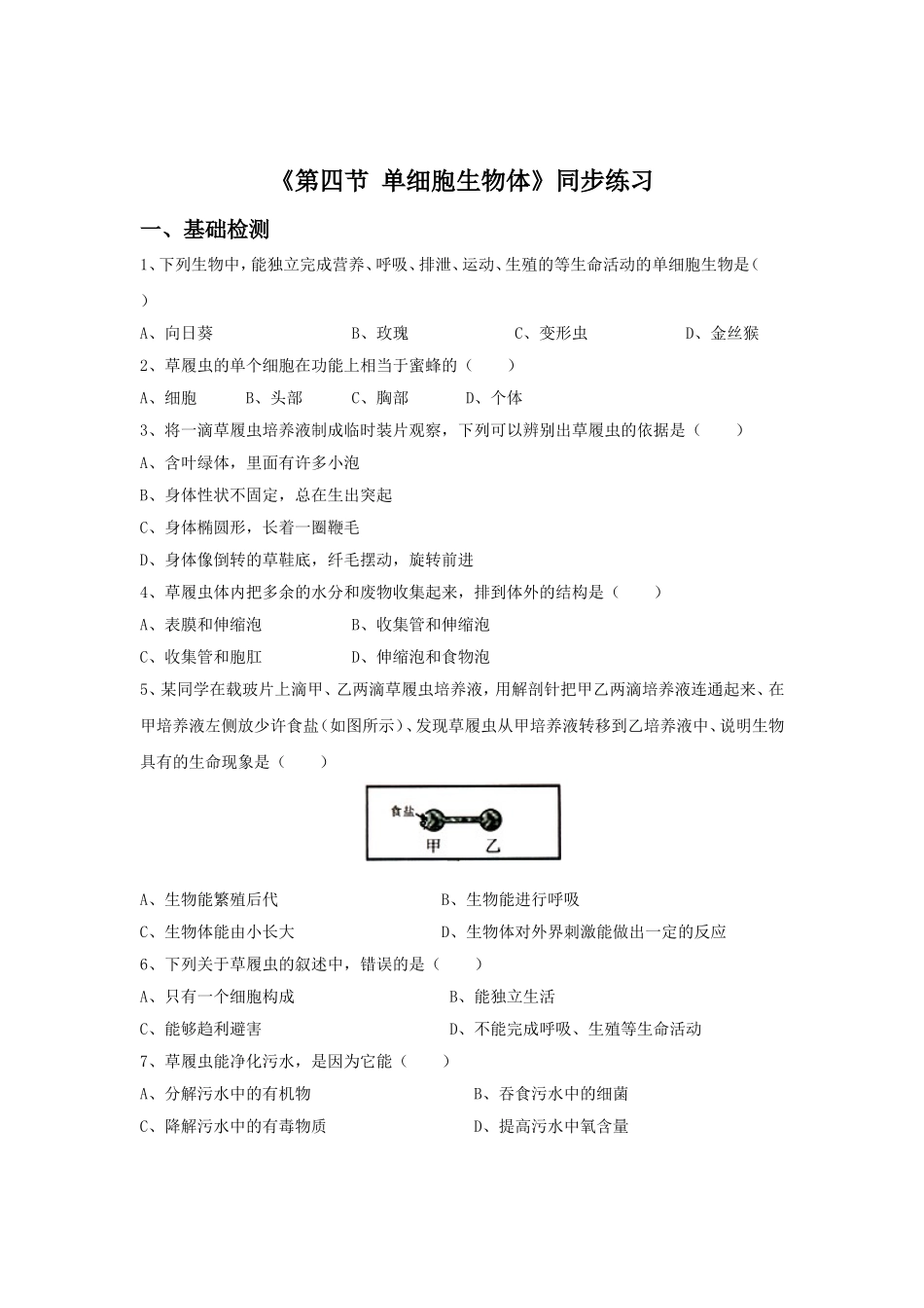 《第四节--单细胞生物体》同步练习1_第1页