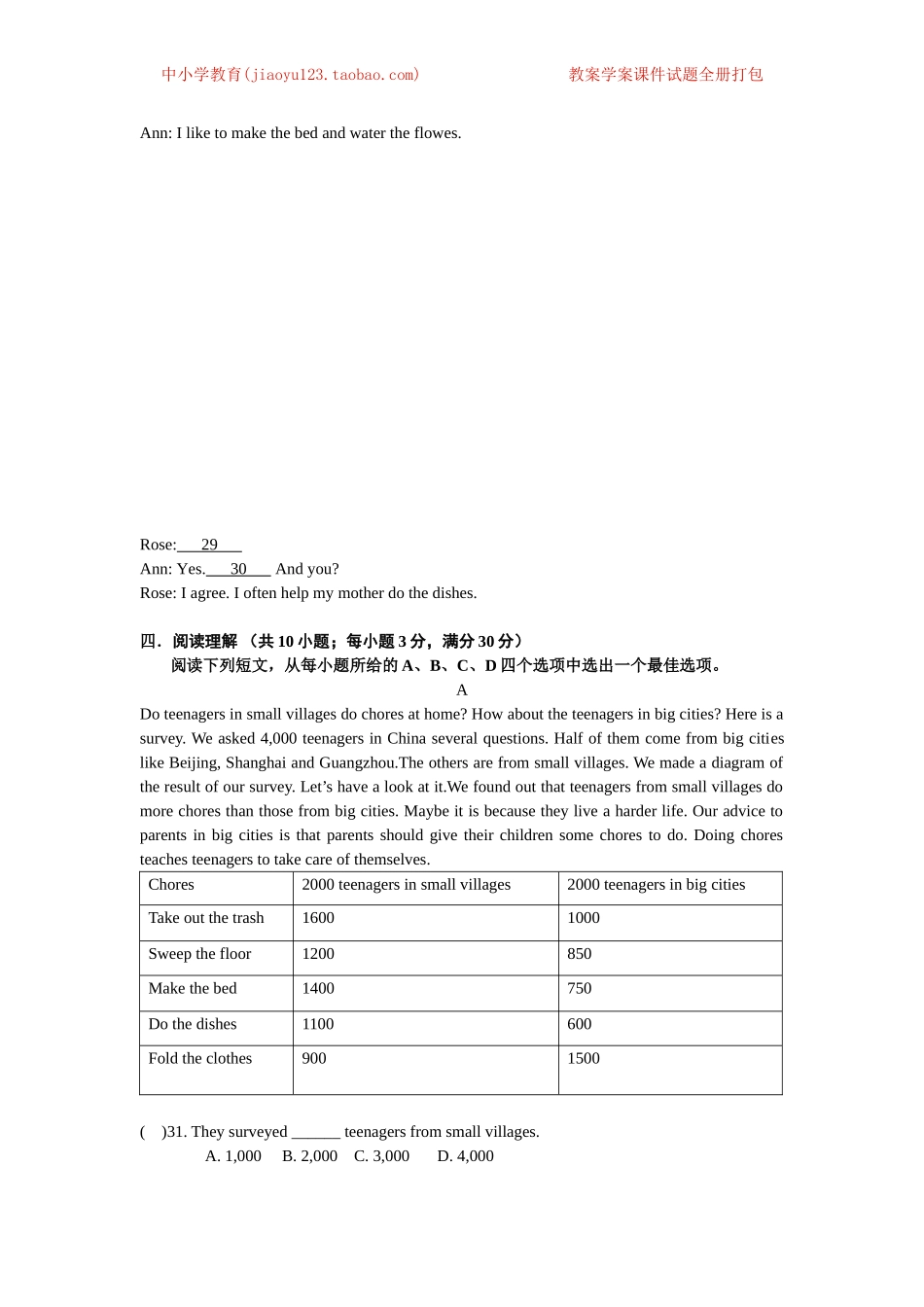 Unit 3 Could you please clean your room？单元测试题_第3页