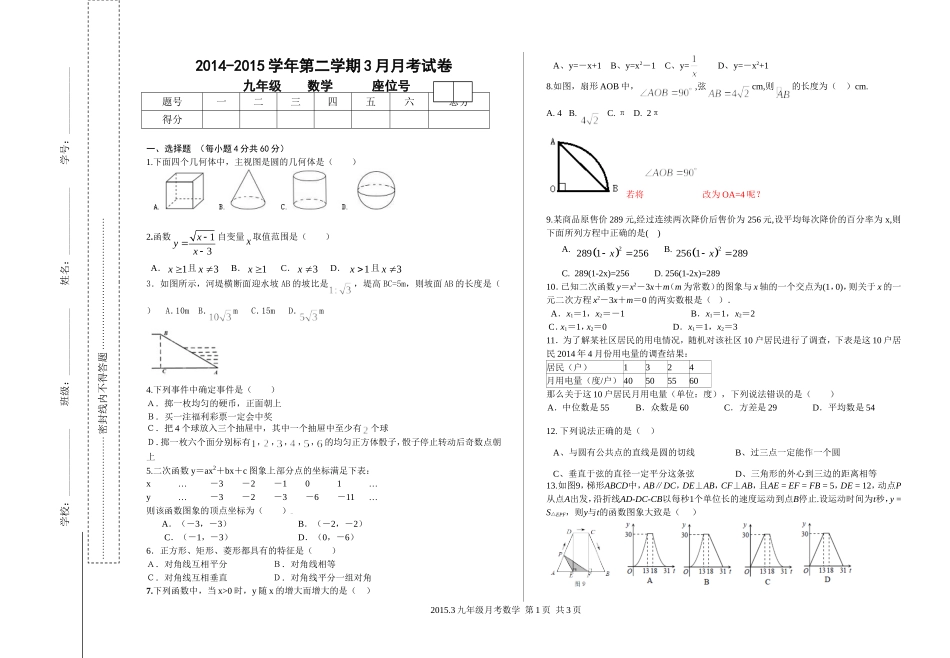 2015.3月数学月考试卷_第1页