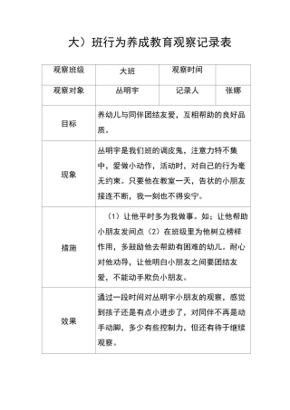 幼儿行为习惯养成记录观察表