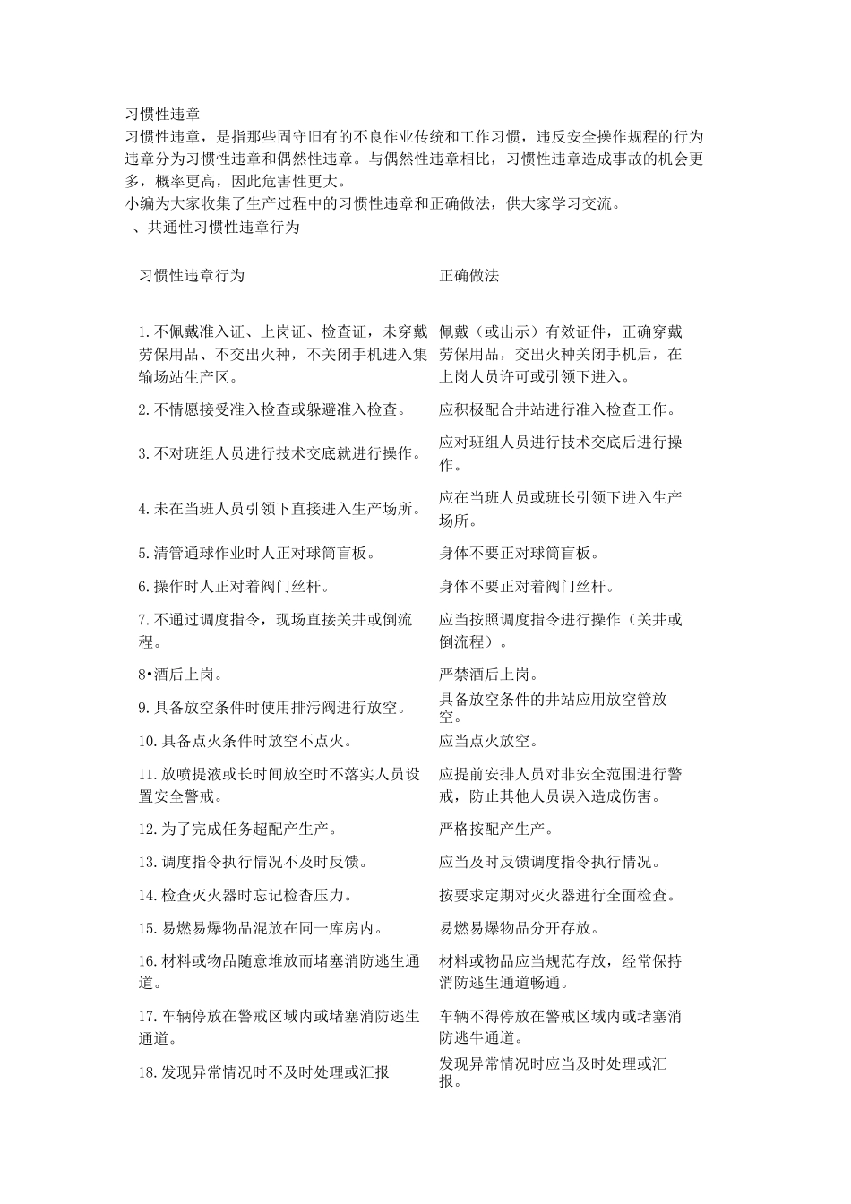 习惯性违章行为及正确做法一览表_第1页
