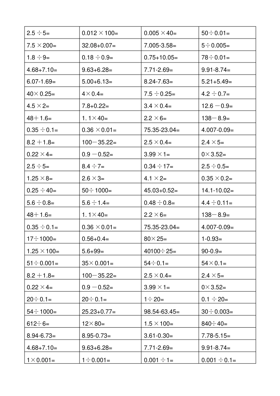 五年级上册口算练习题100道_第3页