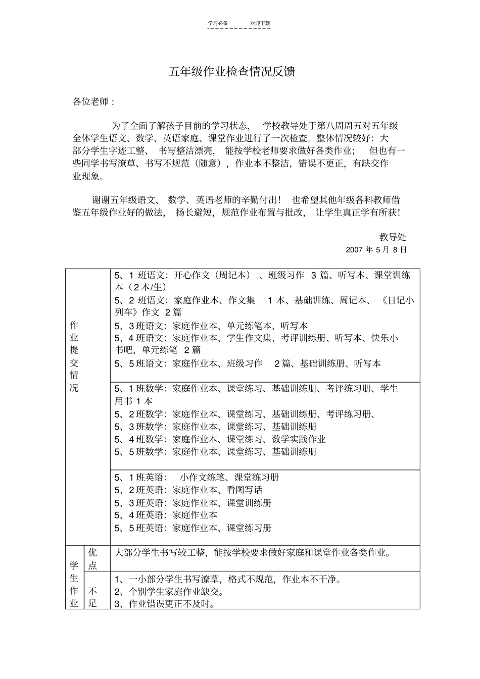 五年级作业检查情况反馈_第1页