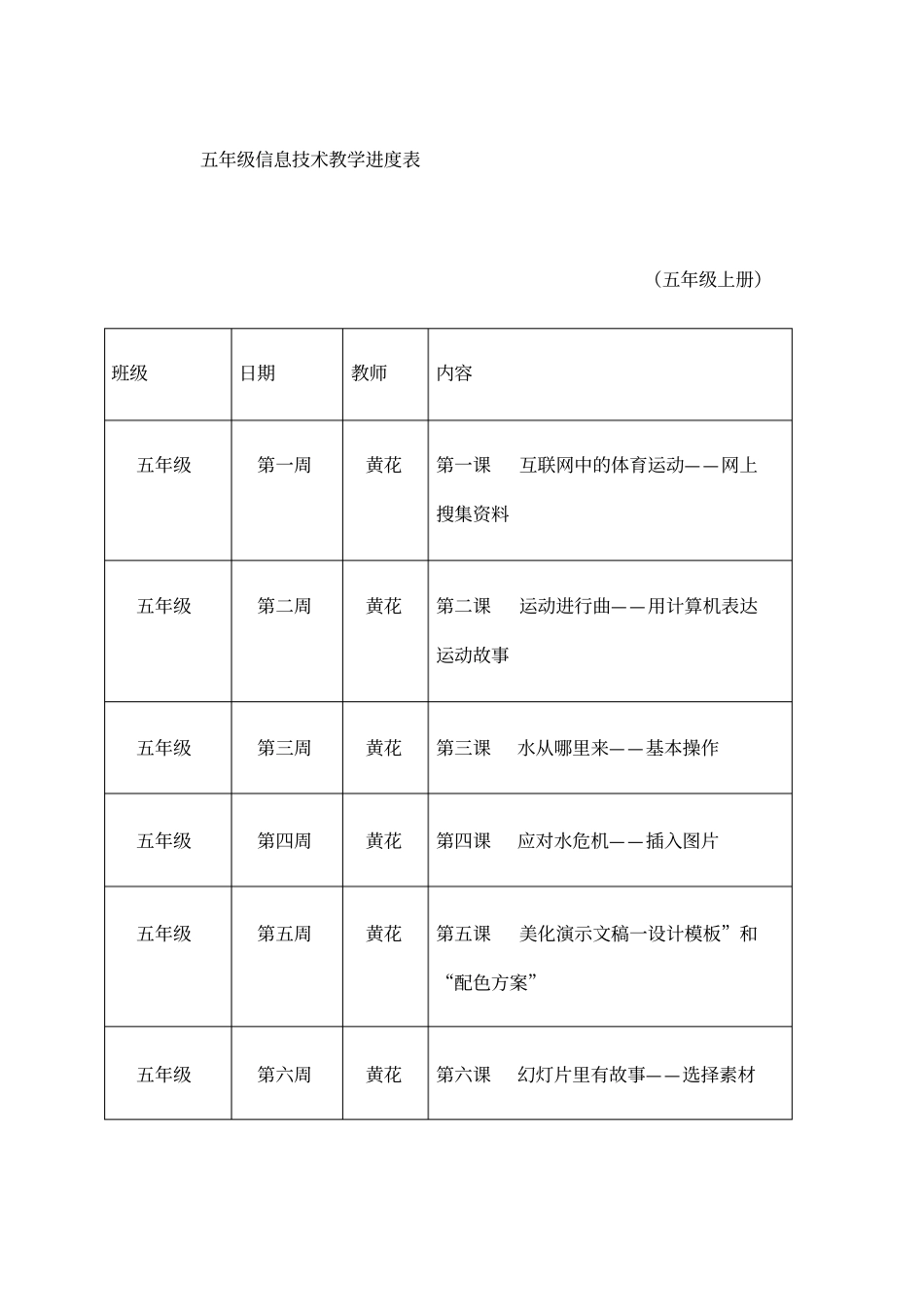 五年级信息技术教学进度表_第1页