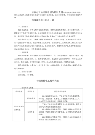 电工培训计划及大纲(初、中级)