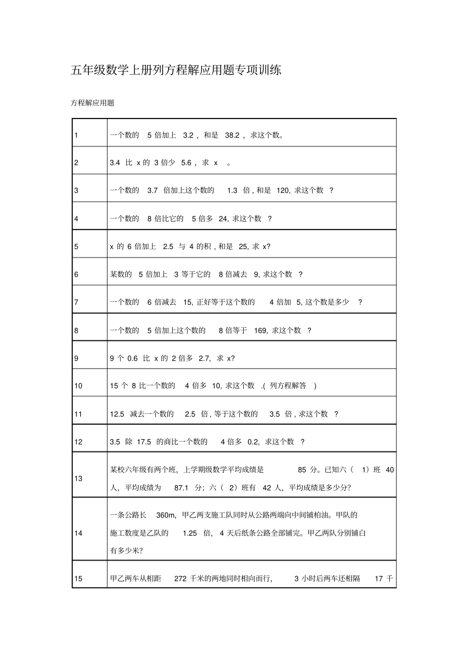 五年级数学上册列方程解应用题专项训练文档良心出品_第1页