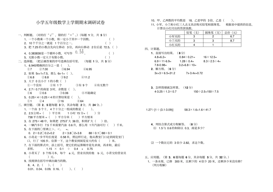 五年级数学上学期期末调研试卷_第1页