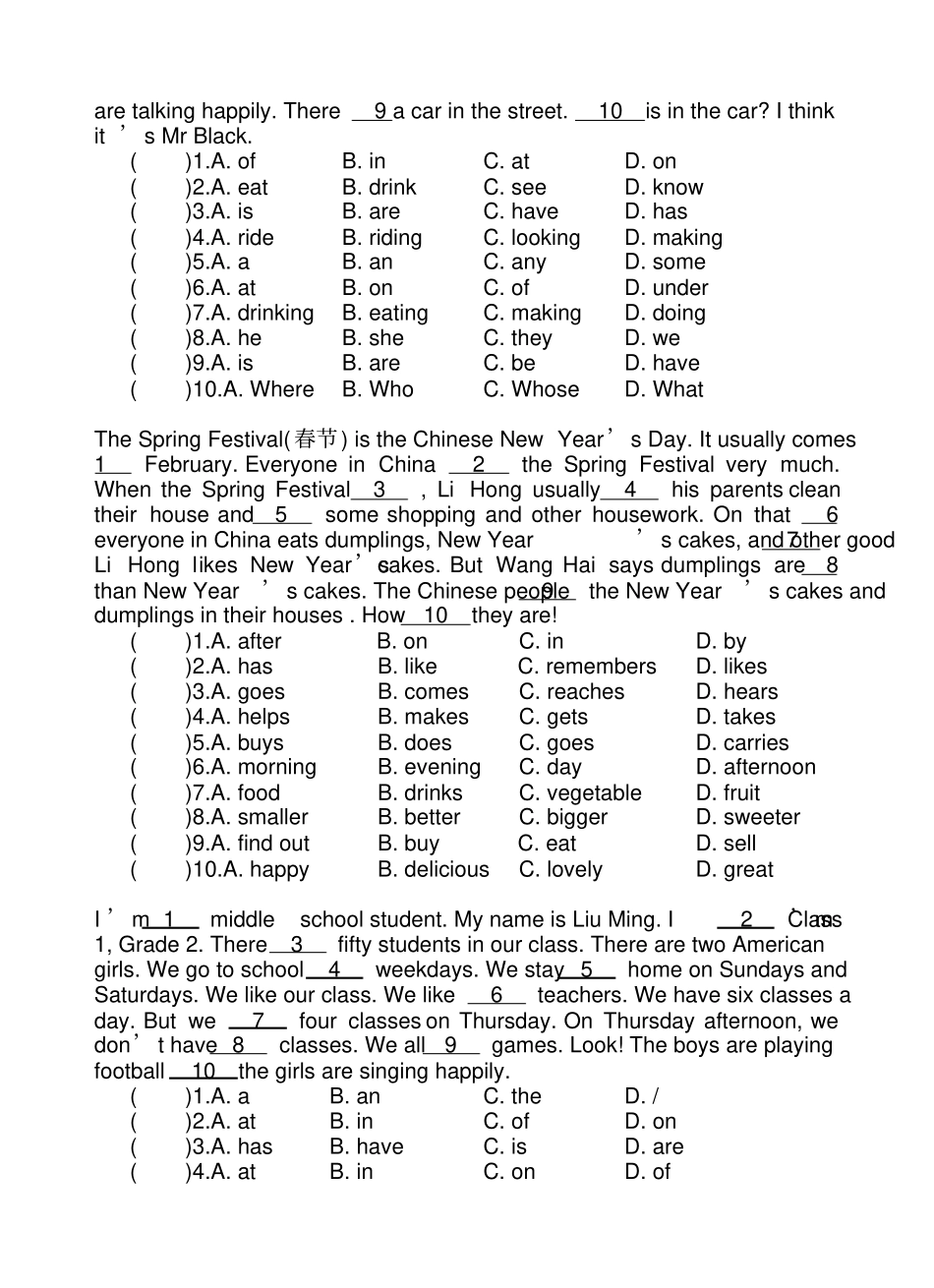 五年级英语完形填空专项训练A_第3页