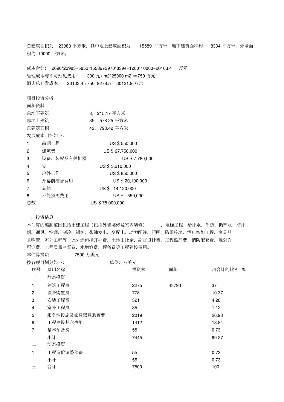 五星级酒店总投资估算表_第2页