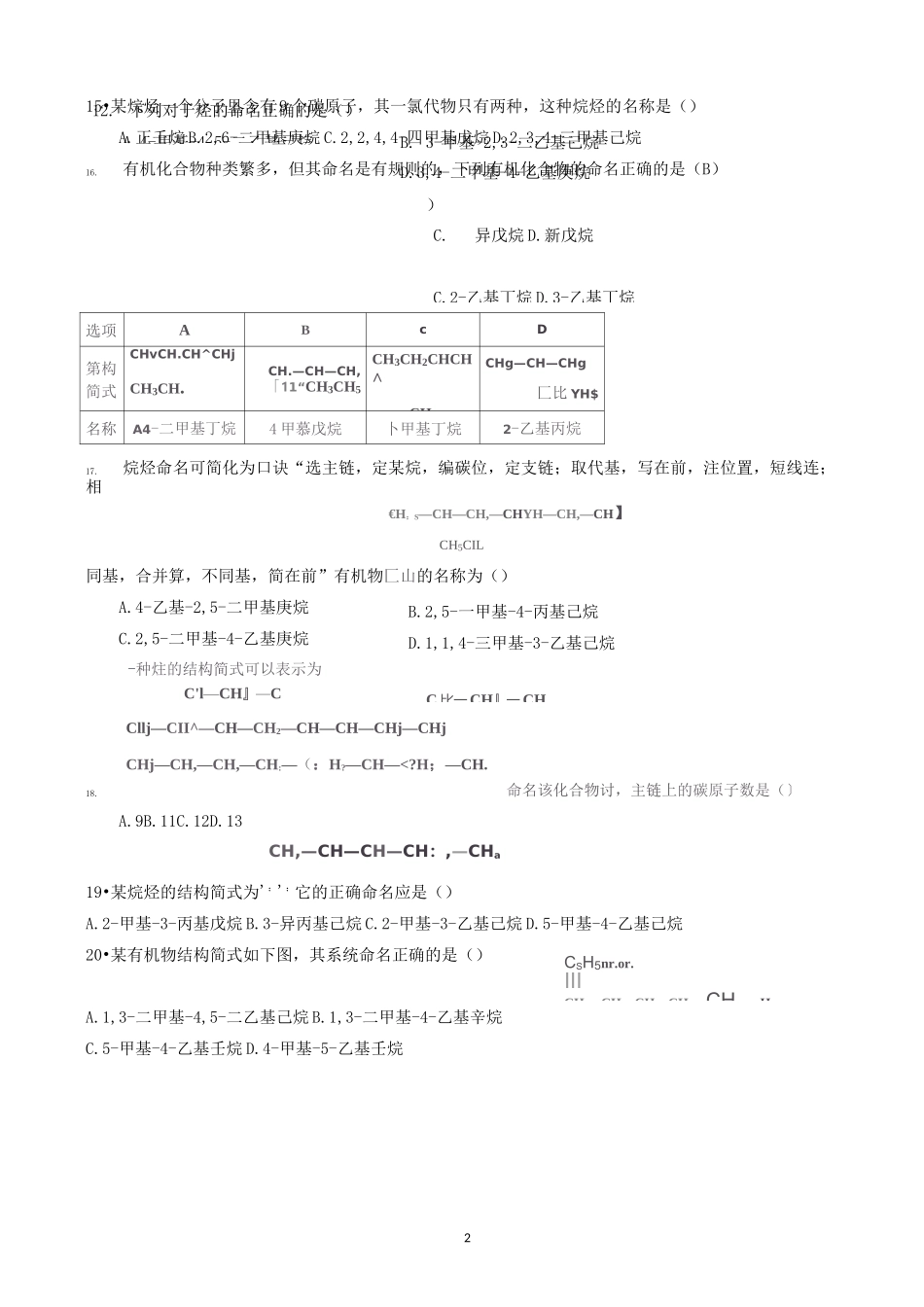 烷烃命名及同分异构试题_第2页