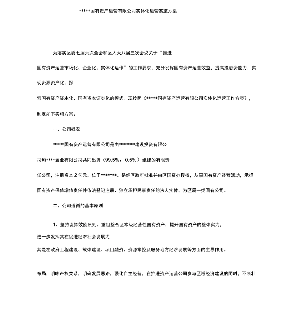 国有资产运营有限公司实体化运营实施方案_第1页