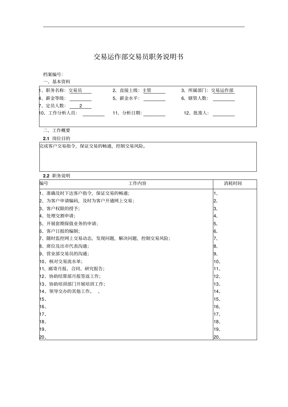 交易运作部交易员职务说明书_第1页