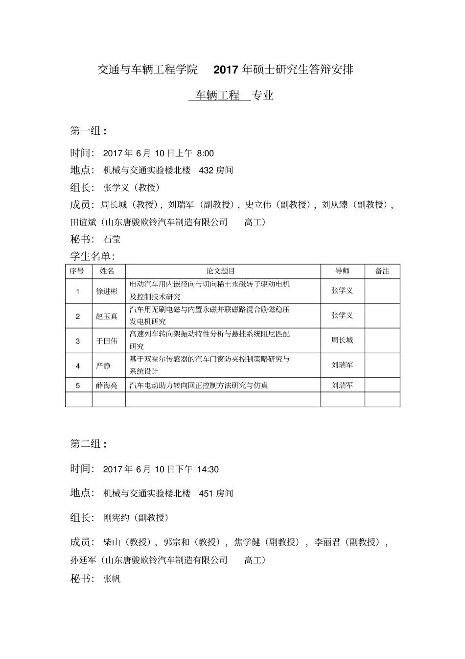 交通与车辆工程学院2017年硕士研究生答辩安排_第1页