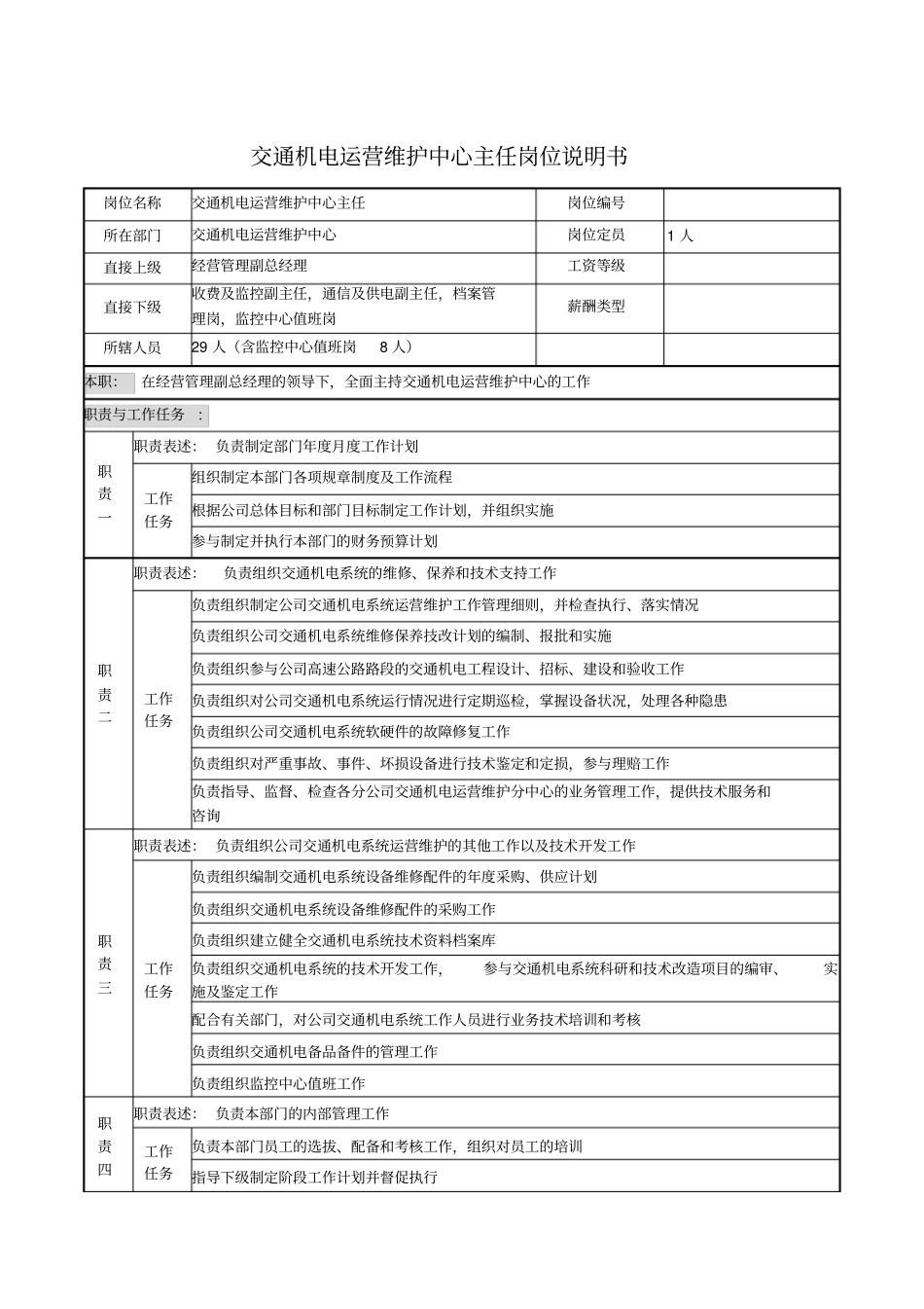 交通机电运营维护中心主任岗位说明书_第1页